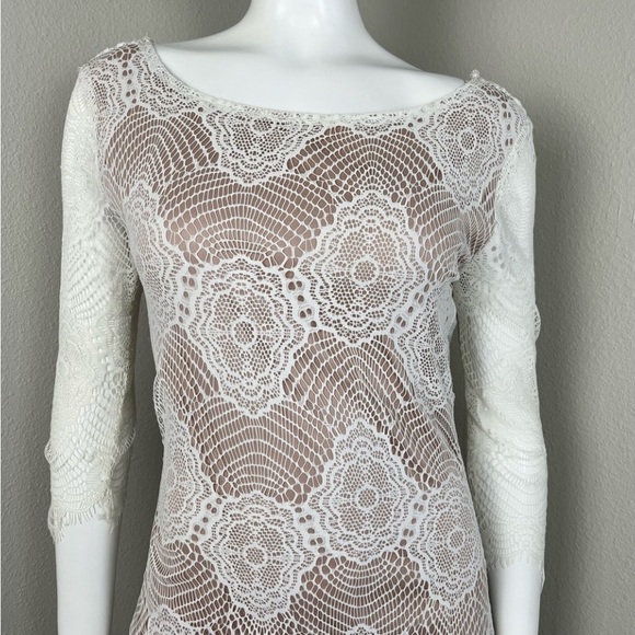 NAKED WARDROBE Crochet Lace Cowl Back Mini Dress Boho 70s Coquette Prairie Bride - Picture 4 of 16